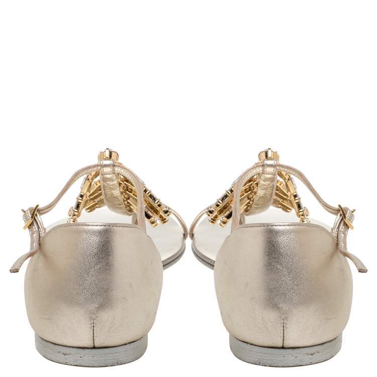 Pre Owned Giuseppe Zanotti Gold Leather Embellished Thong Flats Size 41