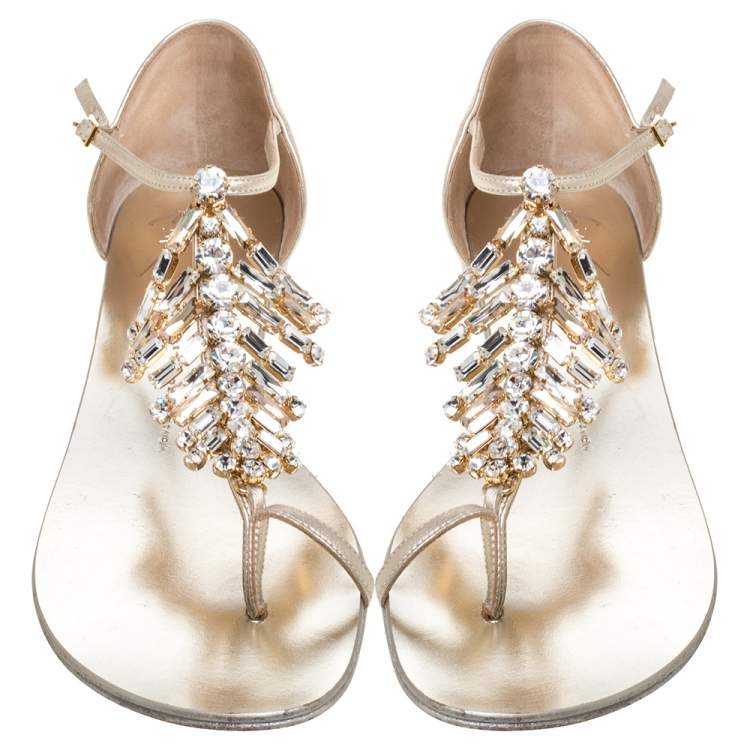 Pre Owned Giuseppe Zanotti Gold Leather Embellished Thong Flats Size 41