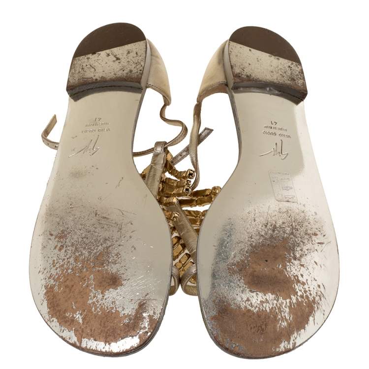 Pre Owned Giuseppe Zanotti Gold Leather Embellished Thong Flats Size 41