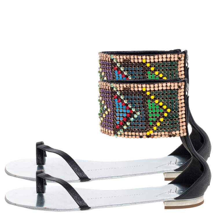 Pre Owned Giuseppe Zanotti Multicolor Beads and Leather Ankle Wrap Flat  Sandals Size 39