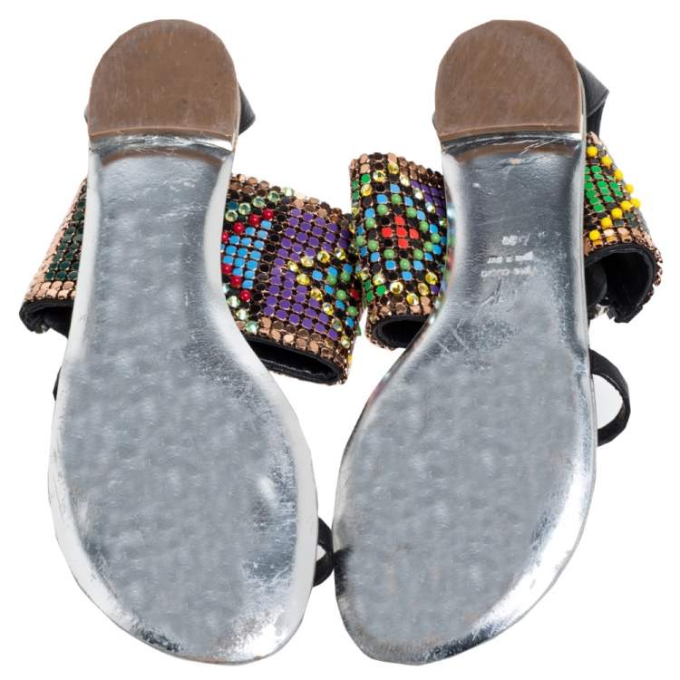 Pre Owned Giuseppe Zanotti Multicolor Beads and Leather Ankle Wrap Flat  Sandals Size 39