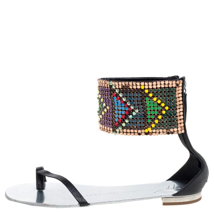 Pre Owned Giuseppe Zanotti Multicolor Beads and Leather Ankle Wrap Flat  Sandals Size 39