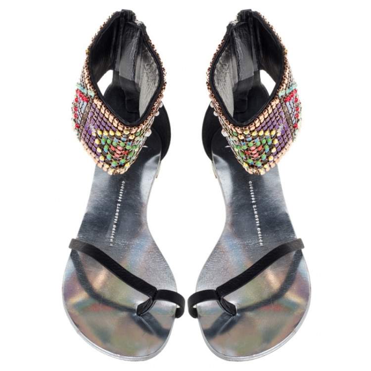 Pre Owned Giuseppe Zanotti Multicolor Beads and Leather Ankle Wrap Flat  Sandals Size 39