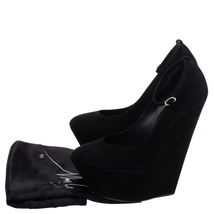 Pre Owned Giuseppe Zanotti Black Suede Ankle Strap Platform Wedge Pumps Size 36