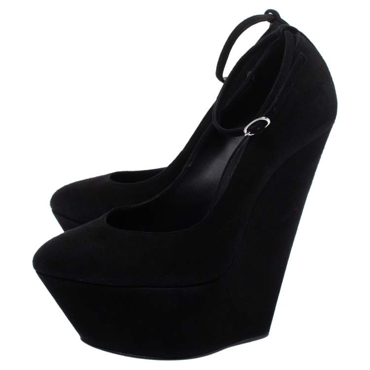 Pre Owned Giuseppe Zanotti Black Suede Ankle Strap Platform Wedge Pumps Size 36