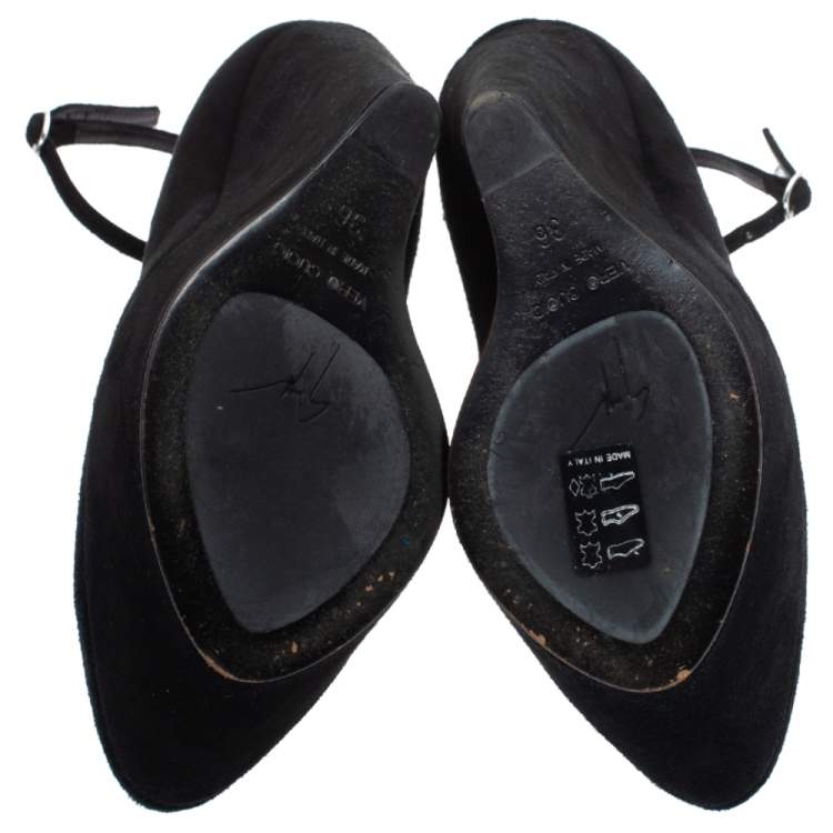 Pre Owned Giuseppe Zanotti Black Suede Ankle Strap Platform Wedge Pumps Size 36