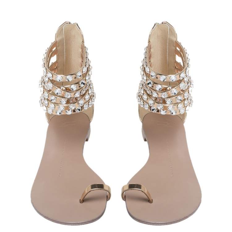 Pre Owned Giuseppe Zanotti Metallic Gold Leather Crystal Embellished Ankle Strap Flat Sandals Size 36
