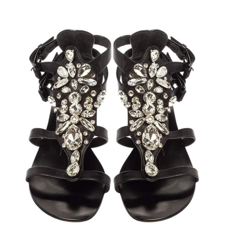 Pre Owned Giuseppe Zanotti Black Leather Crystal Embellished Ankle Strap T Strap Flat Sandals Size 36