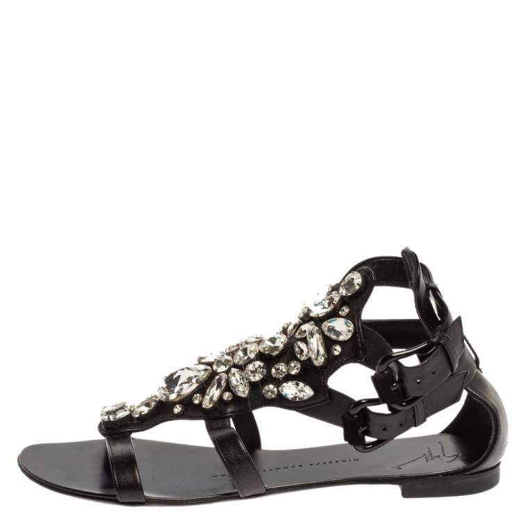 Pre Owned Giuseppe Zanotti Black Leather Crystal Embellished Ankle Strap T Strap Flat Sandals Size 36