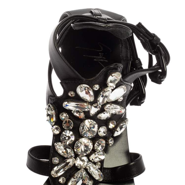 Pre Owned Giuseppe Zanotti Black Leather Crystal Embellished Ankle Strap T Strap Flat Sandals Size 36