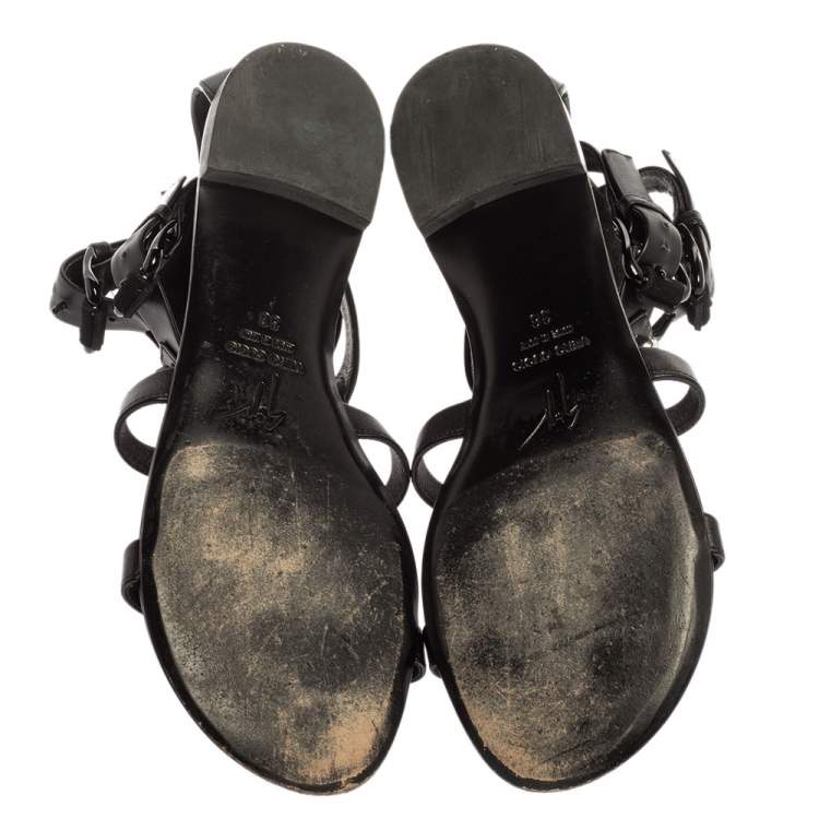 Pre Owned Giuseppe Zanotti Black Leather Crystal Embellished Ankle Strap T Strap Flat Sandals Size 36