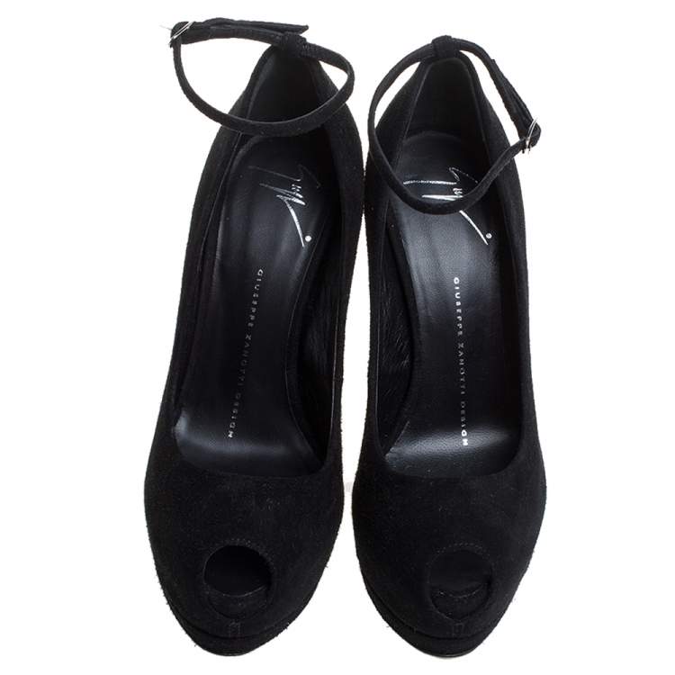 Pre Owned Giuseppe Zanotti Black Suede Peep Toe Ankle Strap Platform Pumps Size 36.5