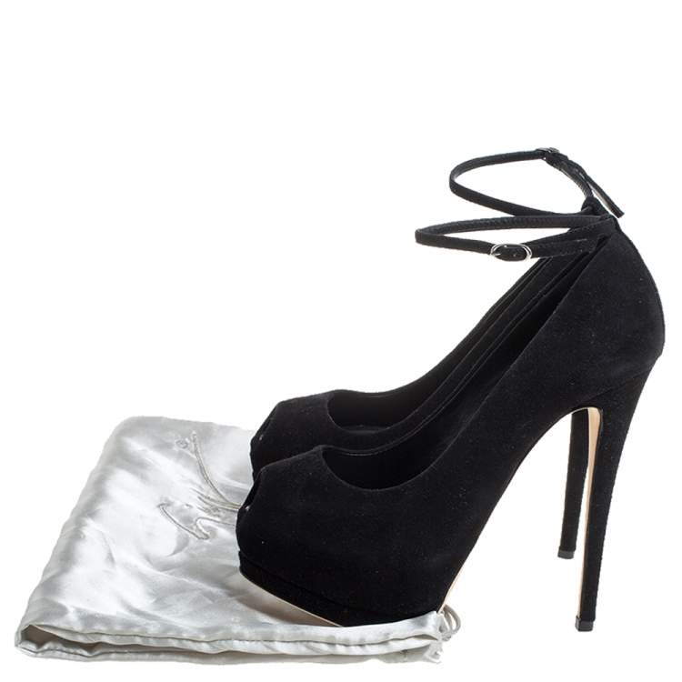 Pre Owned Giuseppe Zanotti Black Suede Peep Toe Ankle Strap Platform Pumps Size 36.5