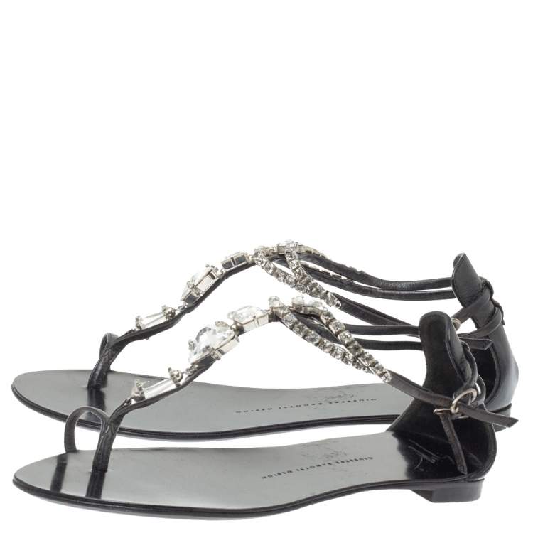 Pre Owned Giuseppe Zanotti Black Leather Embellished Thong Flats Size 38