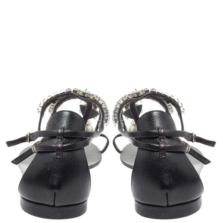 Pre Owned Giuseppe Zanotti Black Leather Embellished Thong Flats Size 38