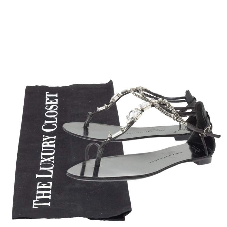 Pre Owned Giuseppe Zanotti Black Leather Embellished Thong Flats Size 38