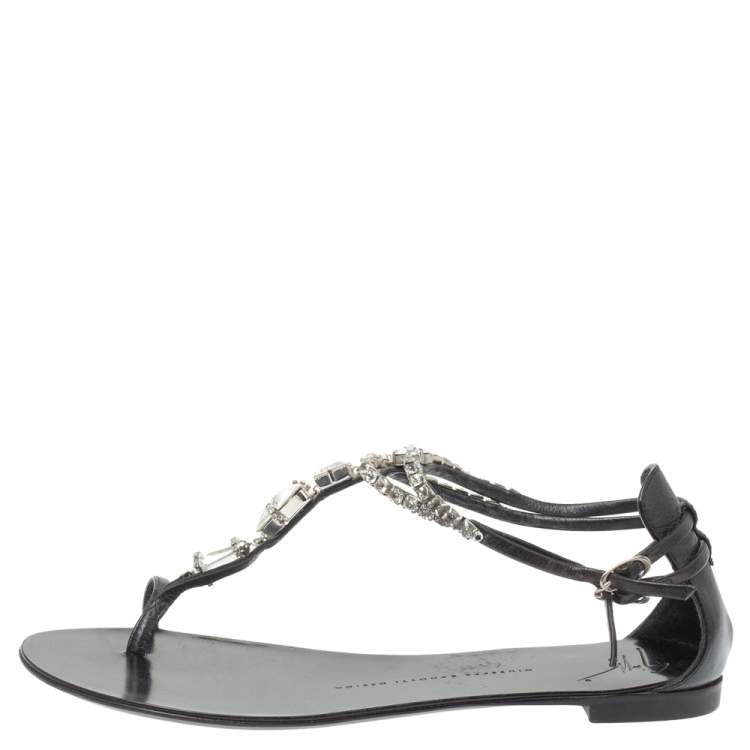 Pre Owned Giuseppe Zanotti Black Leather Embellished Thong Flats Size 38
