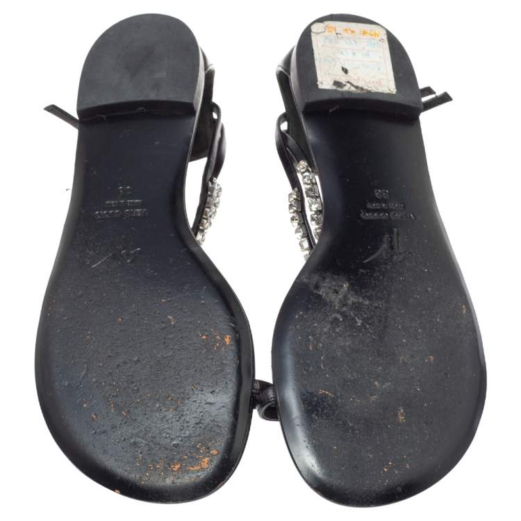 Pre Owned Giuseppe Zanotti Black Leather Embellished Thong Flats Size 38