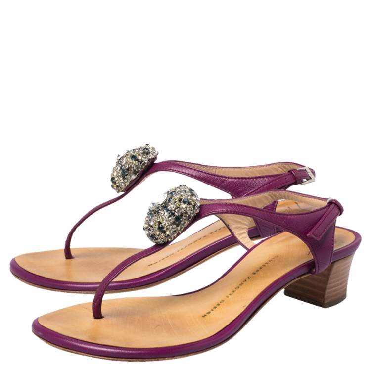Pre Owned Giuseppe Zanotti Purple Leather Crystal embellished Thong Sandals Size 36