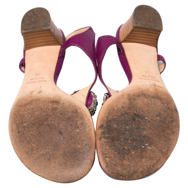 Pre Owned Giuseppe Zanotti Purple Leather Crystal embellished Thong Sandals Size 36