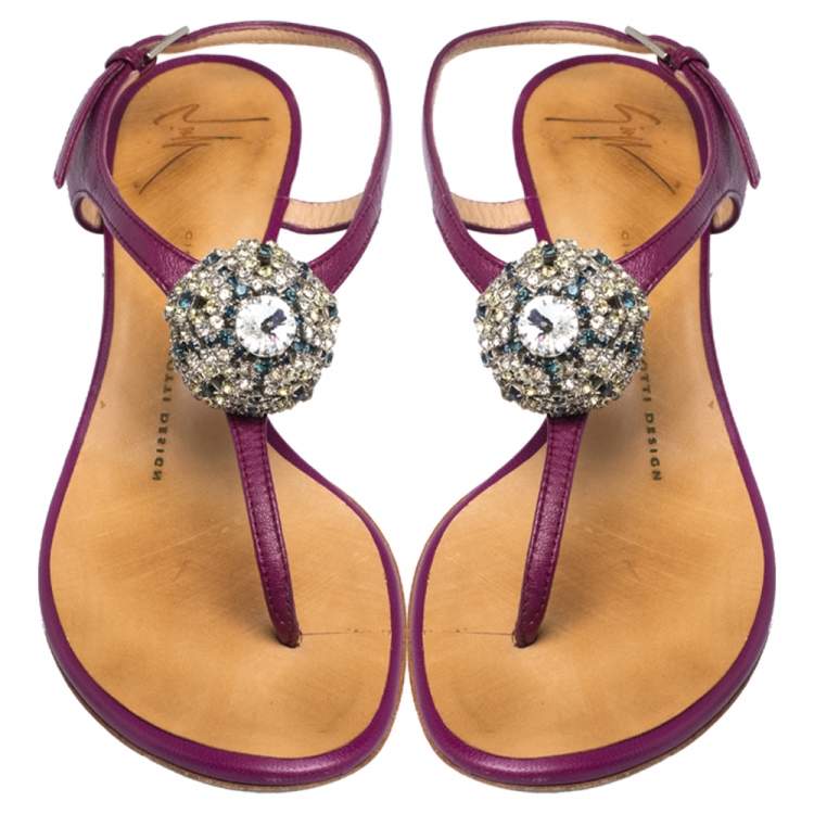 Pre Owned Giuseppe Zanotti Purple Leather Crystal embellished Thong Sandals Size 36