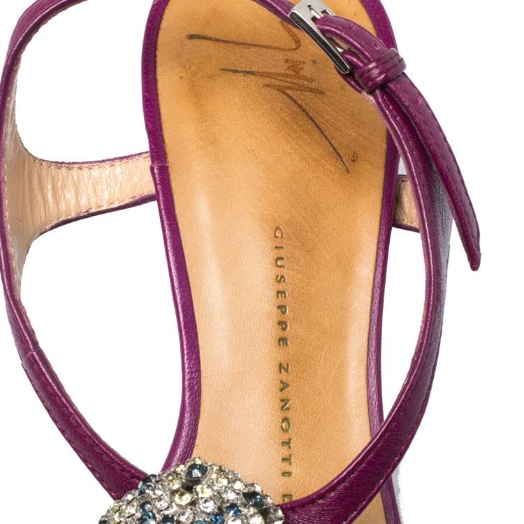 Pre Owned Giuseppe Zanotti Purple Leather Crystal embellished Thong Sandals Size 36