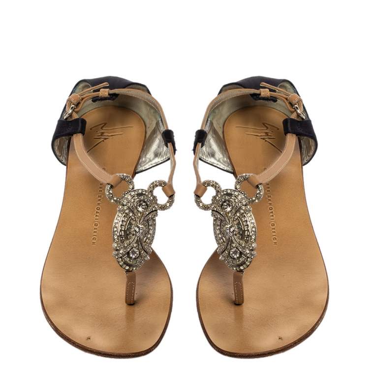 Pre Owned Giuseppe Zanotti Beige/Blue Leather And Satin Crystal Embellished Flats Size 36