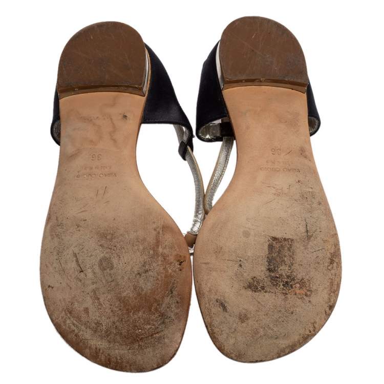 Pre Owned Giuseppe Zanotti Beige/Blue Leather And Satin Crystal Embellished Flats Size 36