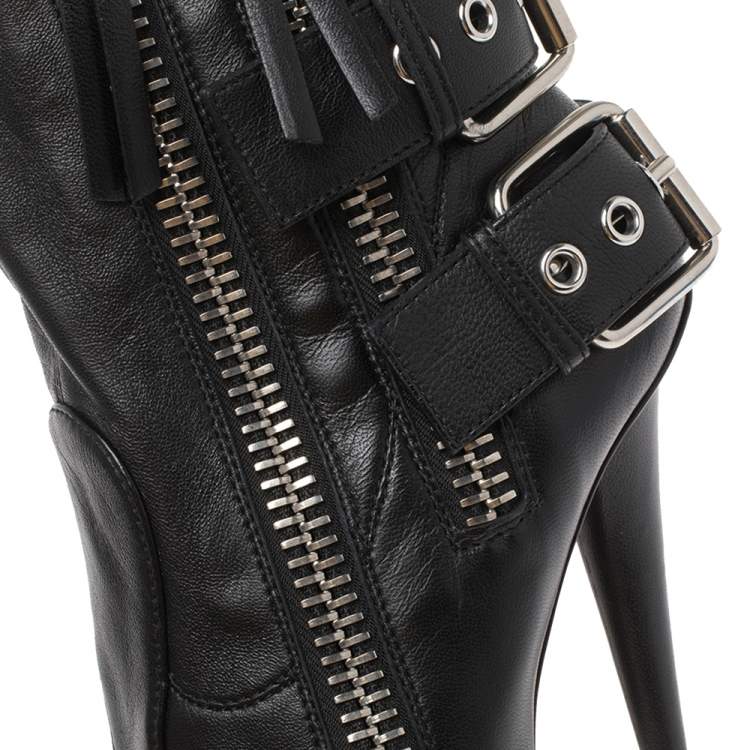 Pre Owned Giuseppe Zanotti Black Leather Peep Toe Biker Ankle Boots Size 37