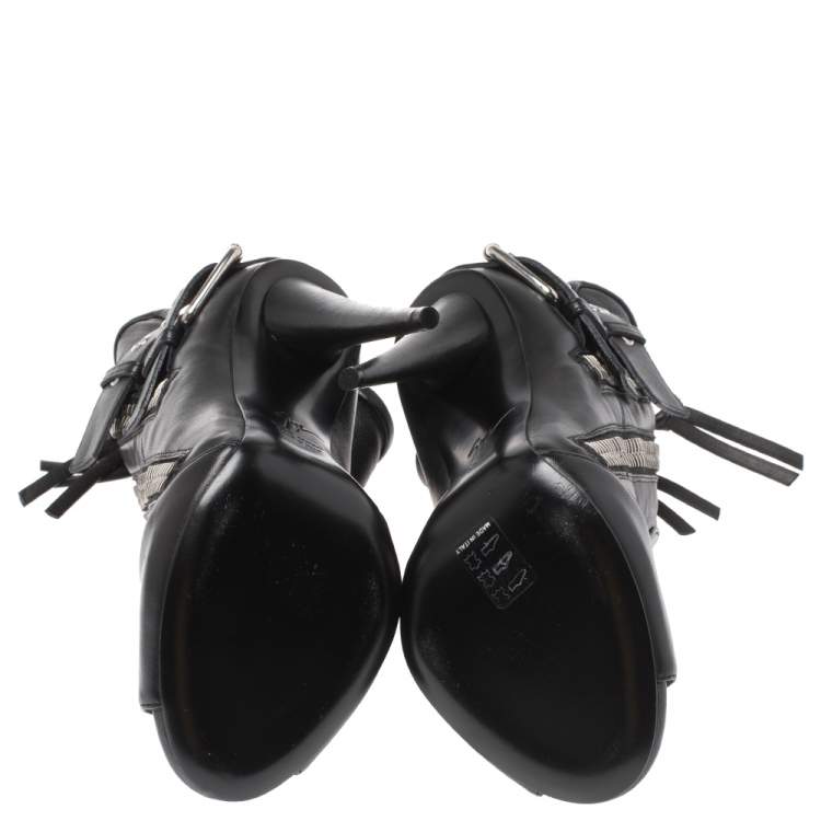 Pre Owned Giuseppe Zanotti Black Leather Peep Toe Biker Ankle Boots Size 37