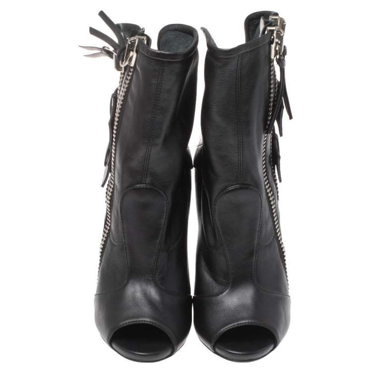 Pre Owned Giuseppe Zanotti Black Leather Peep Toe Biker Ankle Boots Size 37