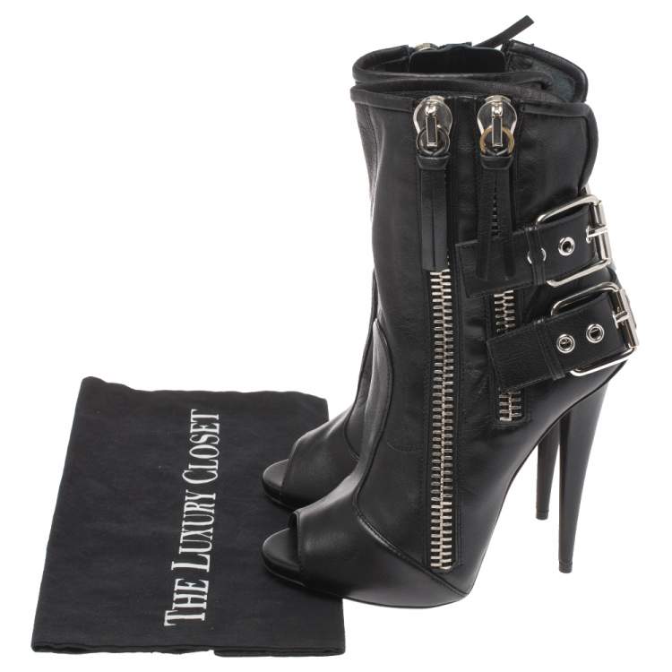 Pre Owned Giuseppe Zanotti Black Leather Peep Toe Biker Ankle Boots Size 37