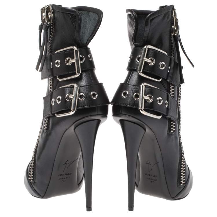 Pre Owned Giuseppe Zanotti Black Leather Peep Toe Biker Ankle Boots Size 37