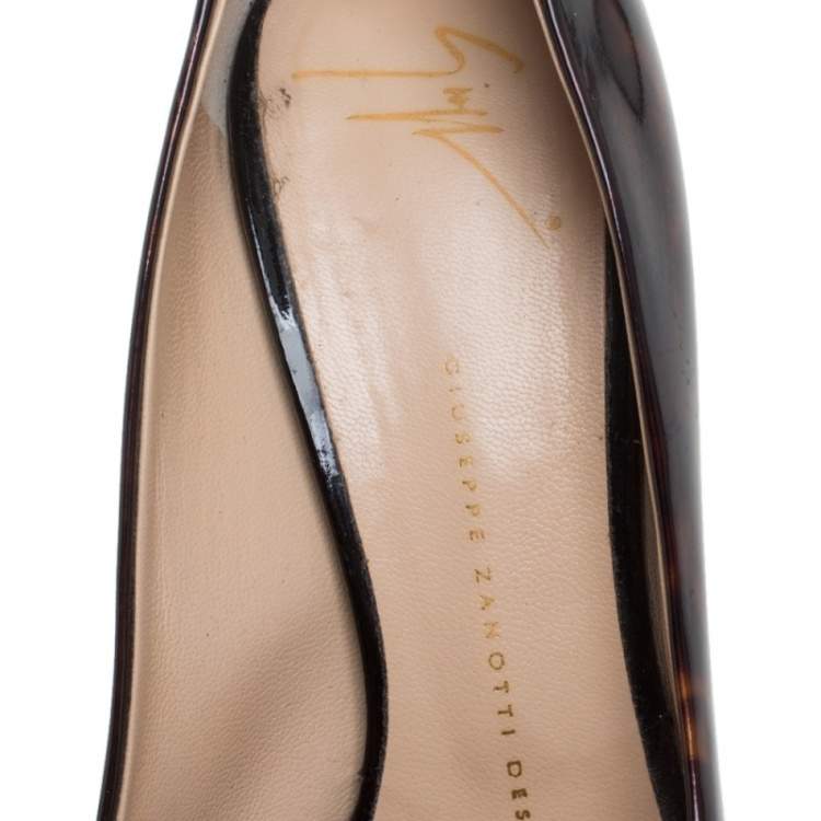Pre Owned Giuseppe Zanotti Brown Tortoise Shell Patent Leather Peep Toe Platform Pumps Size 38