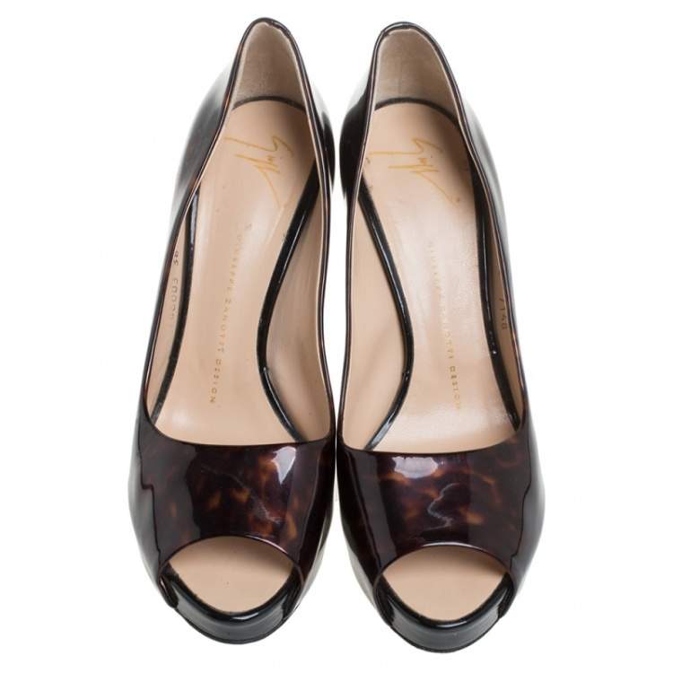Pre Owned Giuseppe Zanotti Brown Tortoise Shell Patent Leather Peep Toe Platform Pumps Size 38