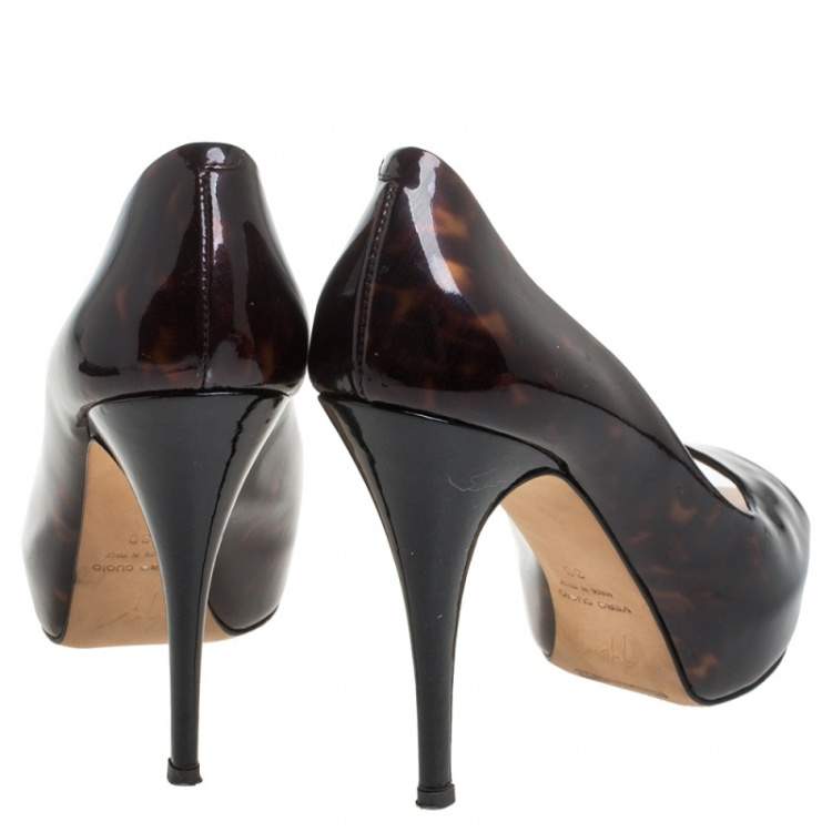 Pre Owned Giuseppe Zanotti Brown Tortoise Shell Patent Leather Peep Toe Platform Pumps Size 38