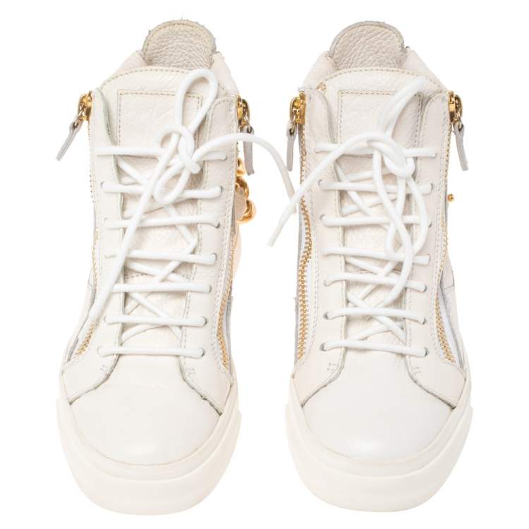 Pre Owned Giuseppe Zanotti White Leather Double Zip High Top Sneakers Size 36.5
