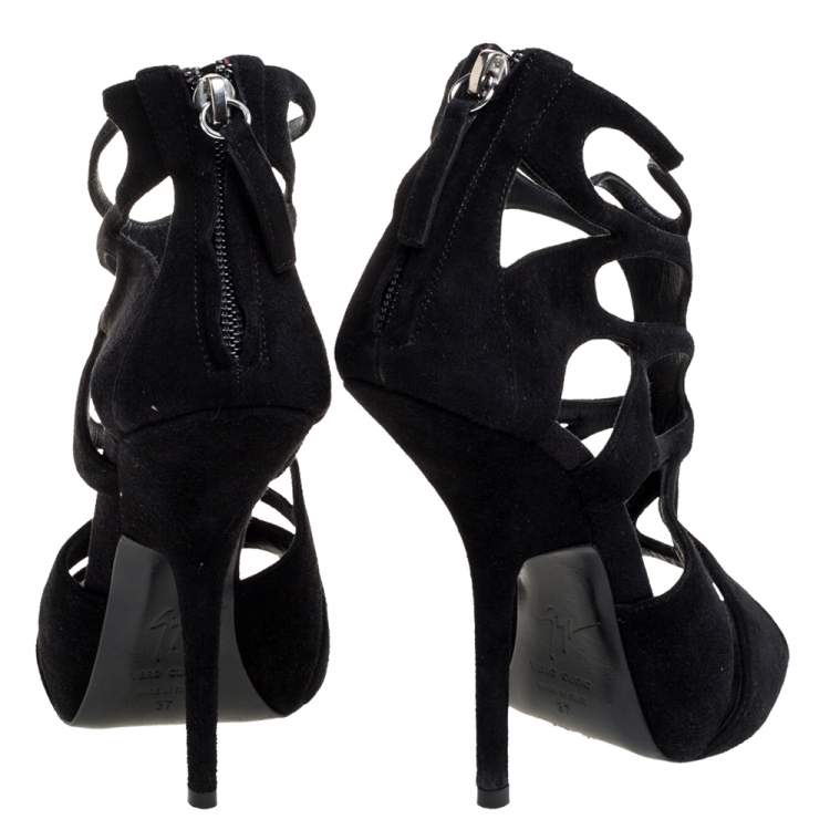 Pre Owned Giuseppe Zanotti Black Suede Butterfly Cutout Sandals Size 37