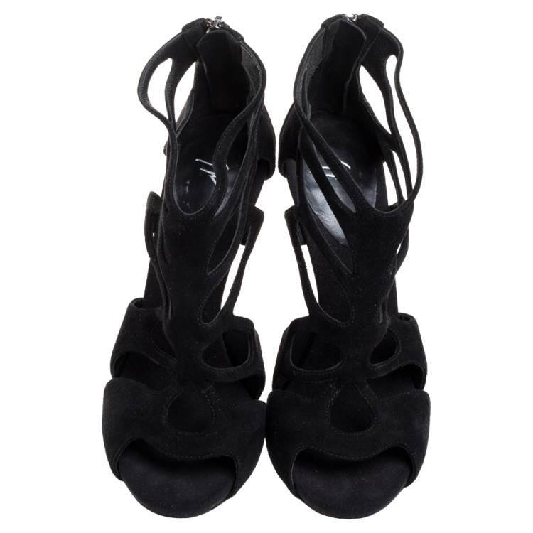 Pre Owned Giuseppe Zanotti Black Suede Butterfly Cutout Sandals Size 37
