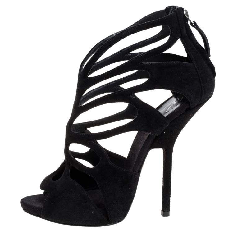Pre Owned Giuseppe Zanotti Black Suede Butterfly Cutout Sandals Size 37