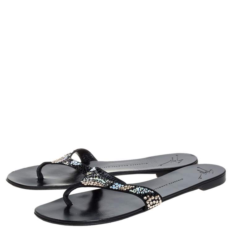 Pre Owned Giuseppe Zanotti Black Crystal Embellished Flat Sandals Size 40