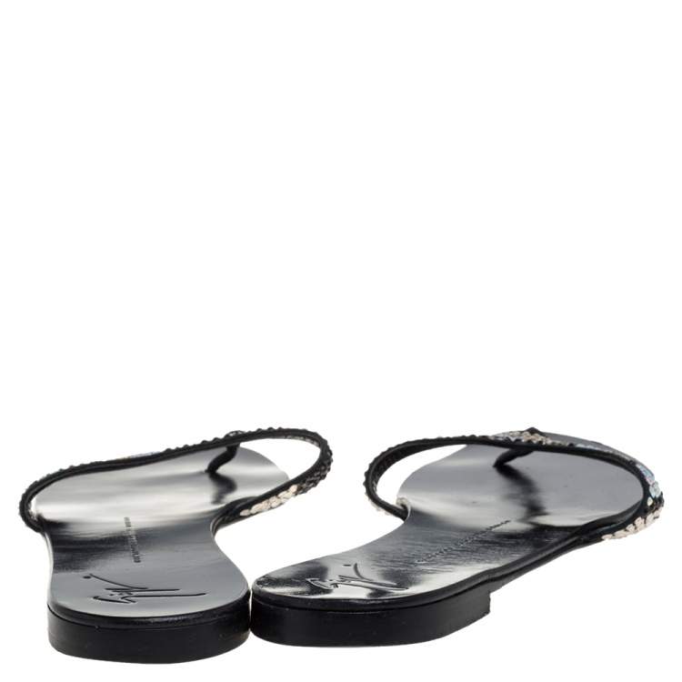 Pre Owned Giuseppe Zanotti Black Crystal Embellished Flat Sandals Size 40