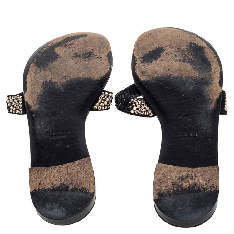 Pre Owned Giuseppe Zanotti Black Crystal Embellished Flat Sandals Size 40