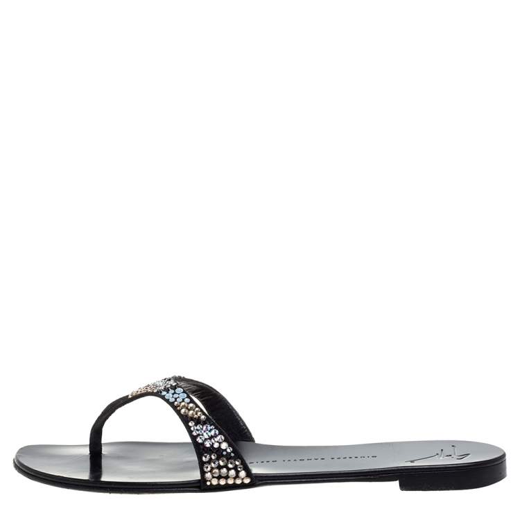 Pre Owned Giuseppe Zanotti Black Crystal Embellished Flat Sandals Size 40