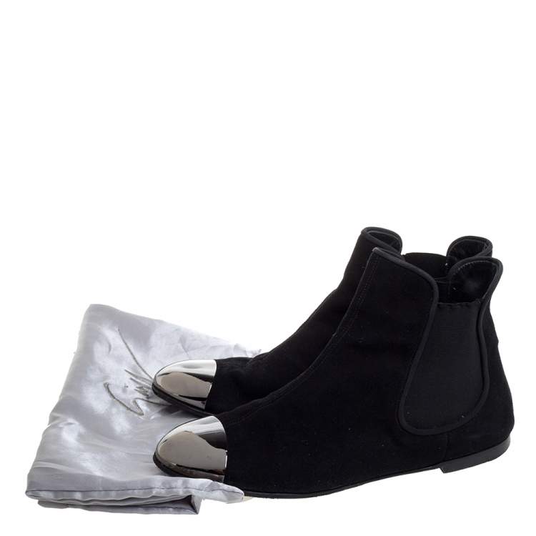Pre Owned Giuseppe Zanotti Black Suede Leather Metal Cap Ankle Booties Size 40