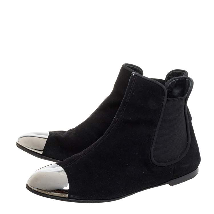 Pre Owned Giuseppe Zanotti Black Suede Leather Metal Cap Ankle Booties Size 40