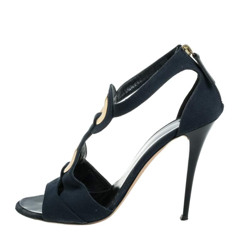 Pre Owned Giuseppe Zanotti Blue Canvas Embellished Cutout T Strap Zipper Sandals Size 40