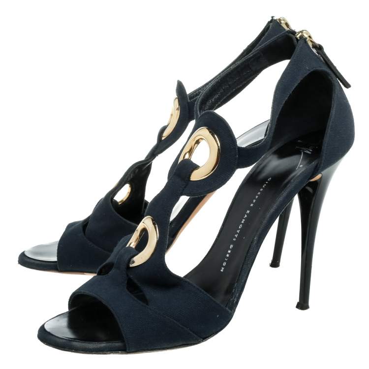 Pre Owned Giuseppe Zanotti Blue Canvas Embellished Cutout T Strap Zipper Sandals Size 40
