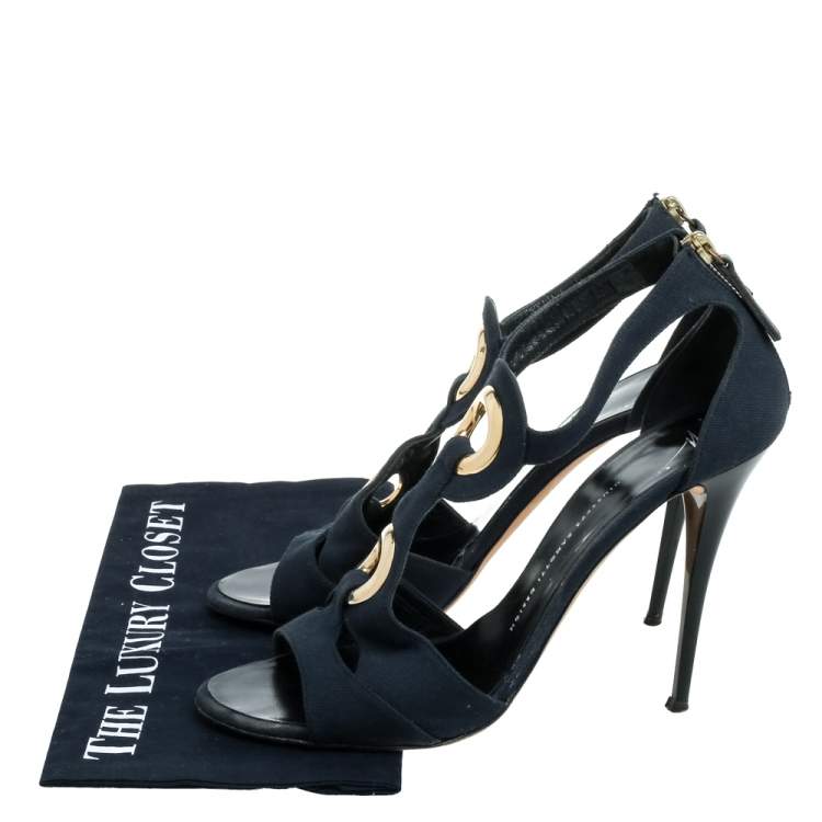 Pre Owned Giuseppe Zanotti Blue Canvas Embellished Cutout T Strap Zipper Sandals Size 40