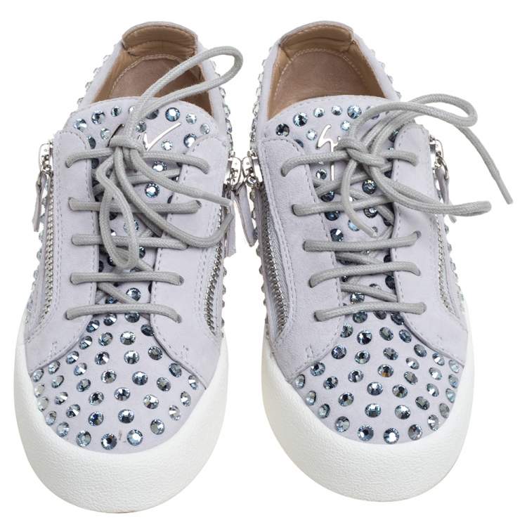 Pre Owned Giuseppe Zanotti Grey Suede Crystal Embellished Doris Sneakers Size 36